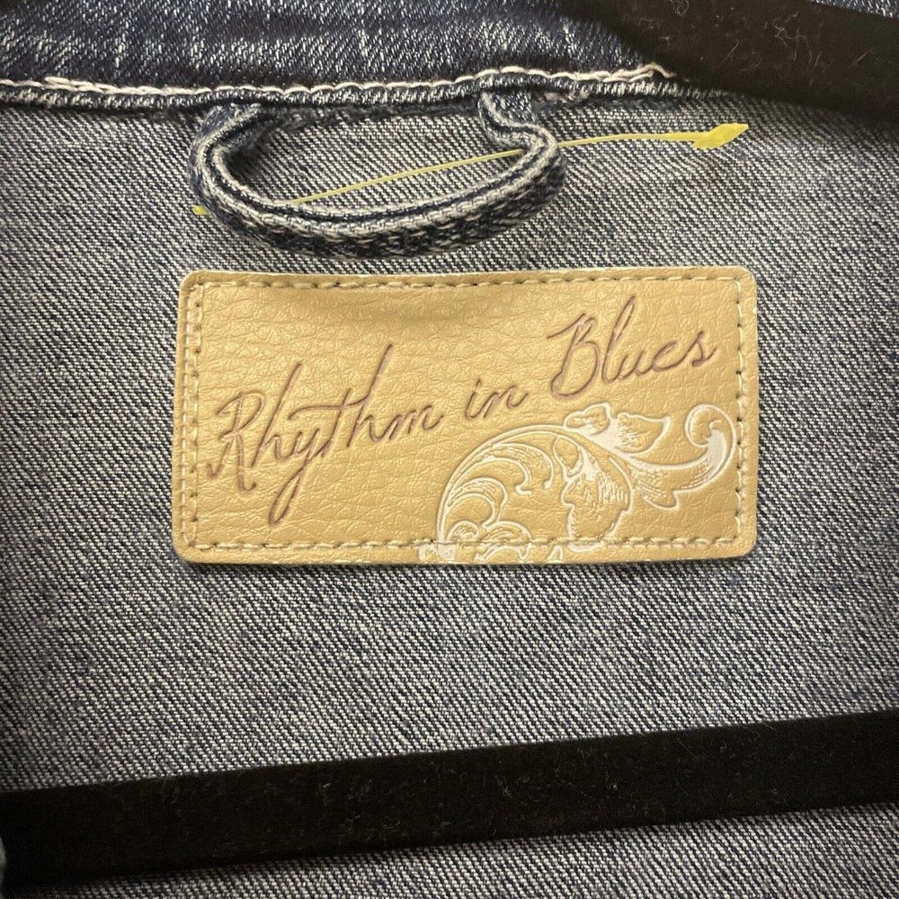 Rhythm in Blues Womens Medium Button Up Jean Jacket Blue Embroidered - Picture 4 of 11